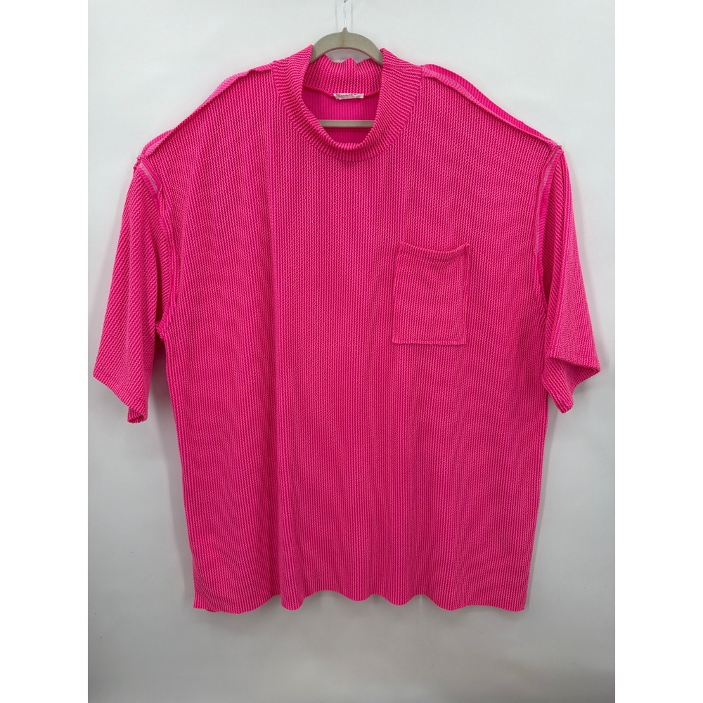 Hot Pink Textured Oversized Mock Neck Top XL Waffle Knit Pocket Beach‎ Coverup